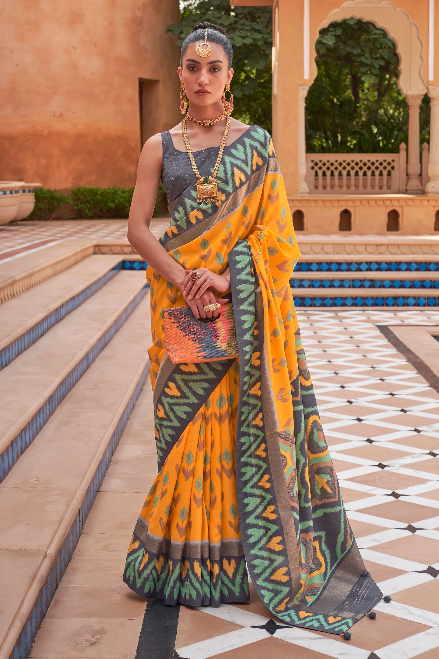 Yellow Brown Ikat Patola Design Saree with Contrast Blouse