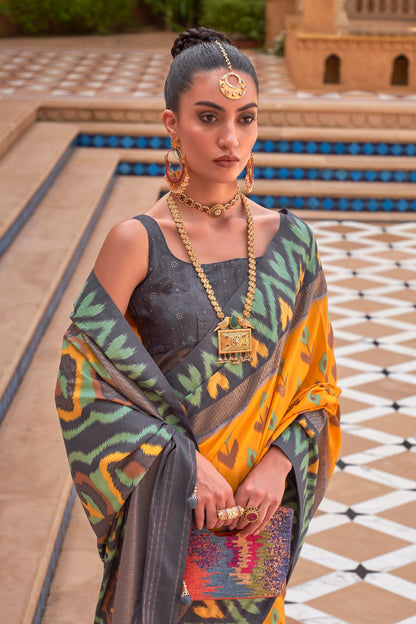 Yellow Brown Ikat Patola Design Saree with Contrast Blouse