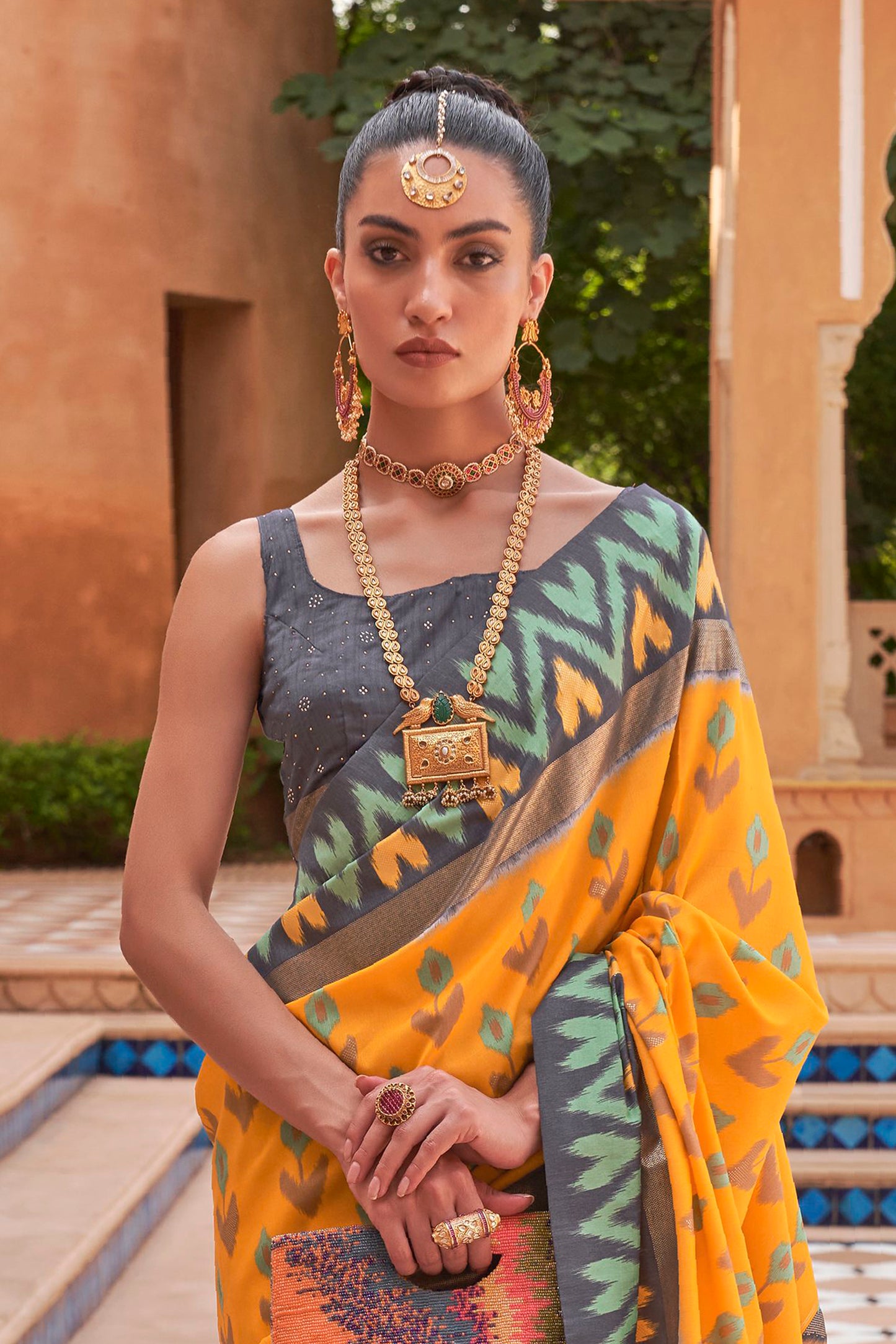 Yellow Brown Ikat Patola Design Saree with Contrast Blouse