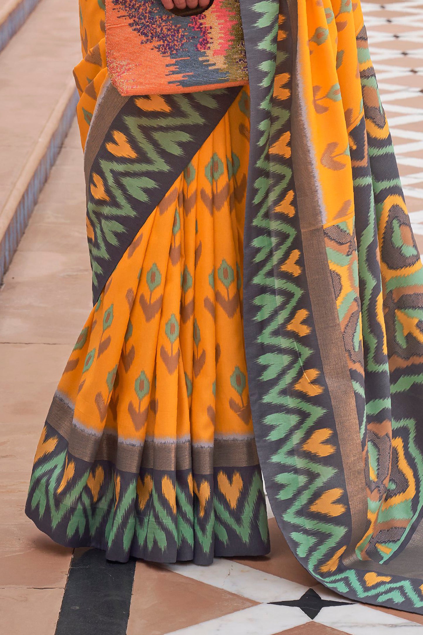 Yellow Brown Ikat Patola Design Saree with Contrast Blouse