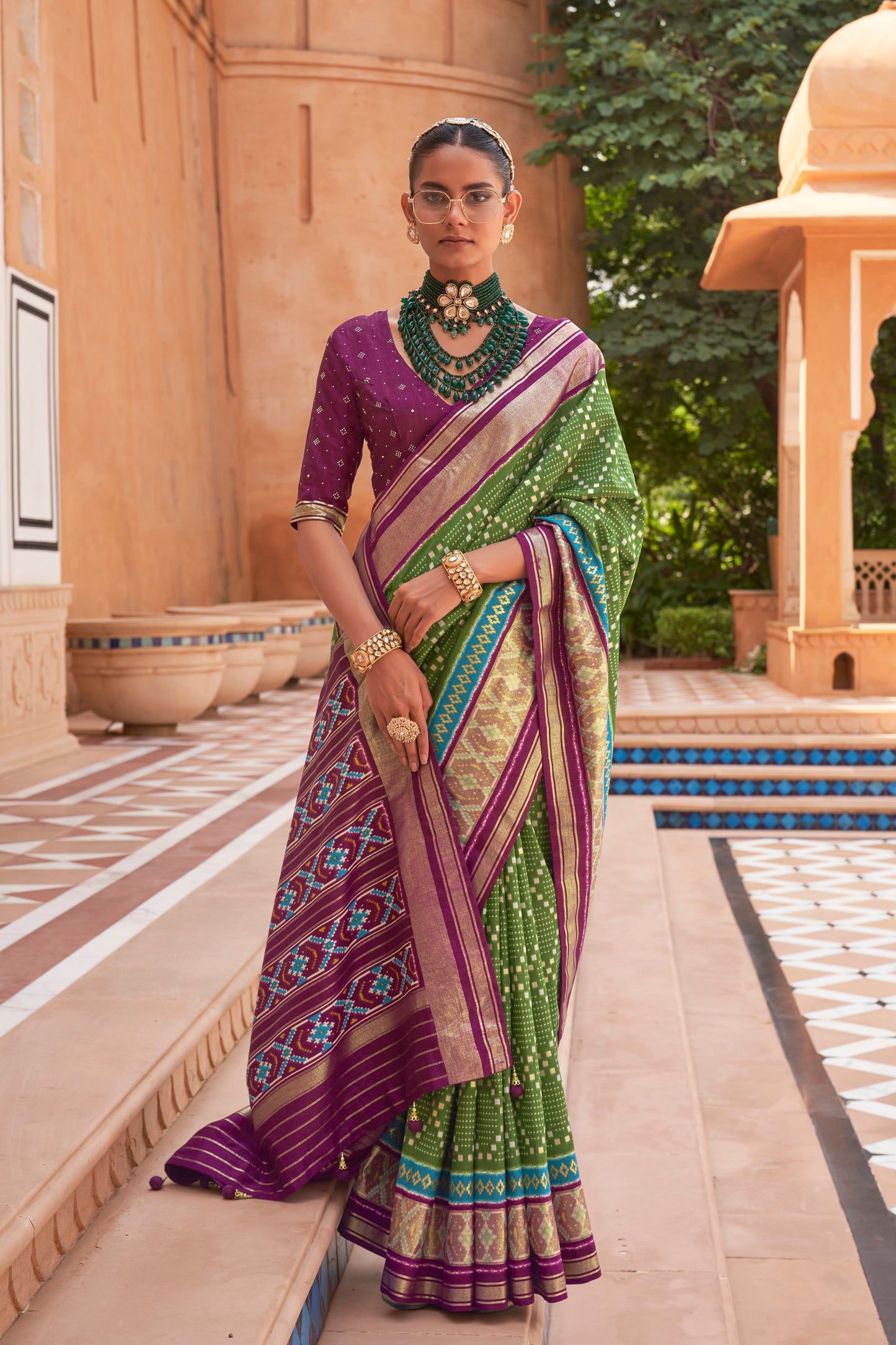 Green & Purple Ikat Patola Design Saree with Contrast Blouse