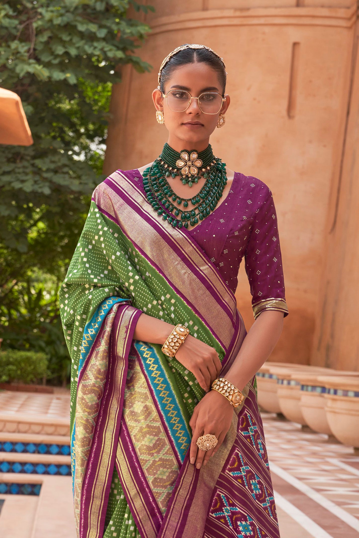 Green & Purple Ikat Patola Design Saree with Contrast Blouse