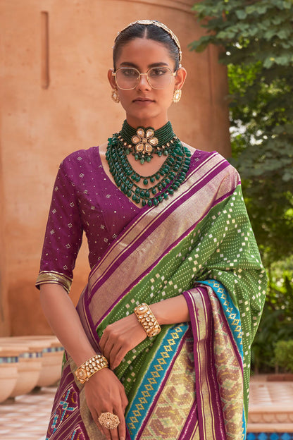 Green & Purple Ikat Patola Design Saree with Contrast Blouse