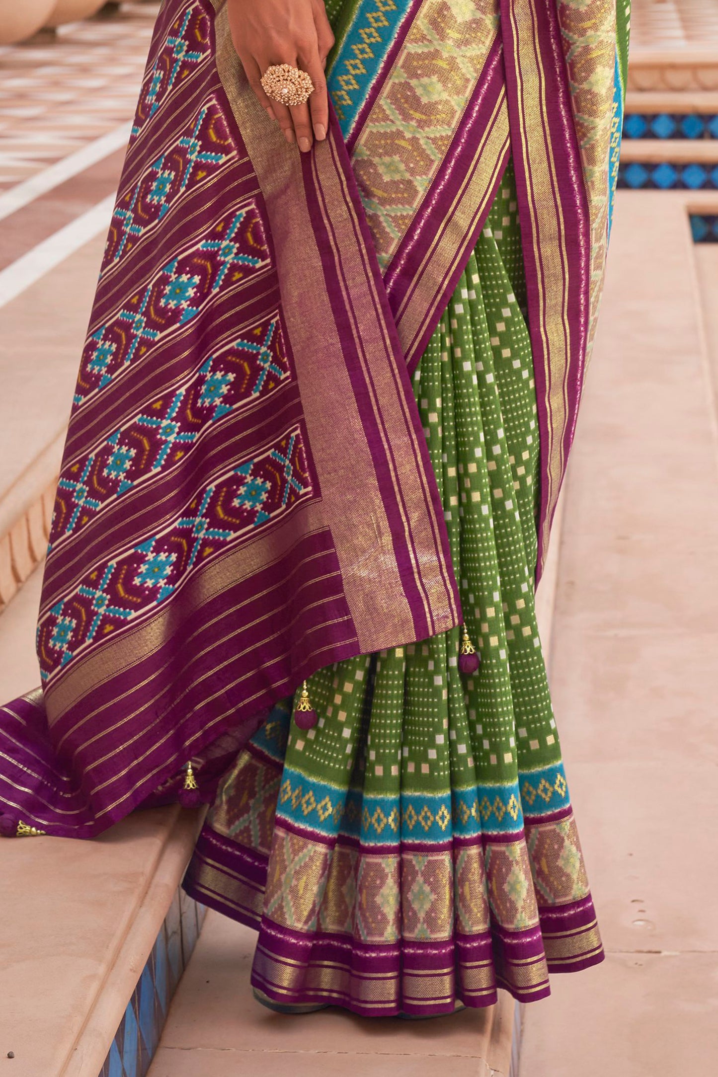 Green & Purple Ikat Patola Design Saree with Contrast Blouse