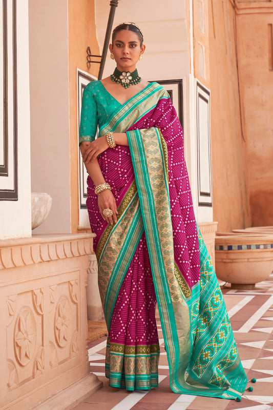 Pink & Teal Ikat Patola Design Saree with Contrast Blouse