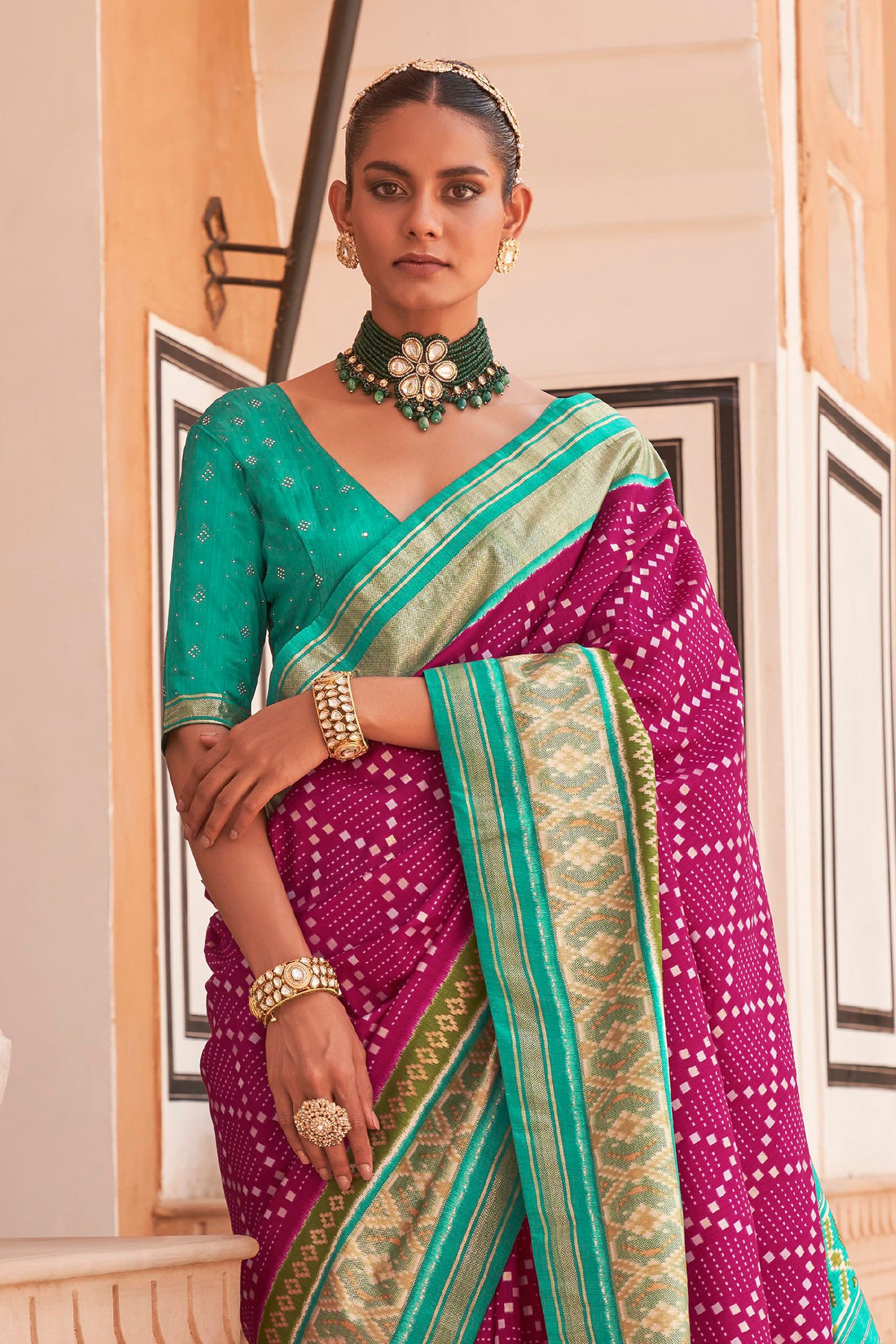 Pink & Teal Ikat Patola Design Saree with Contrast Blouse