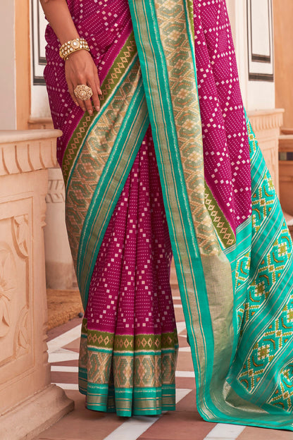 Pink & Teal Ikat Patola Design Saree with Contrast Blouse