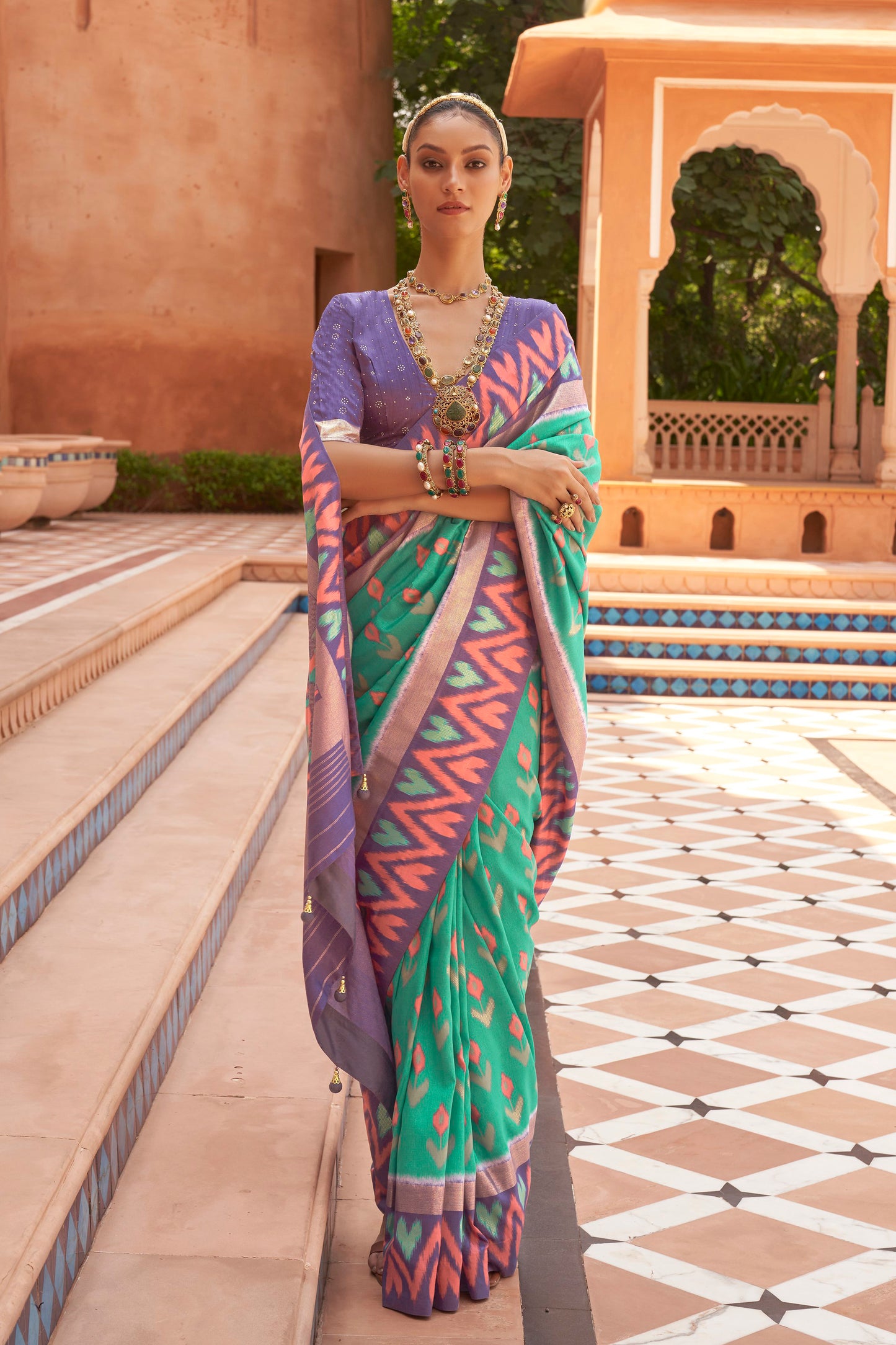 Ocean Green & Lilac Ikat Patola Design Saree with Contrast Blouse