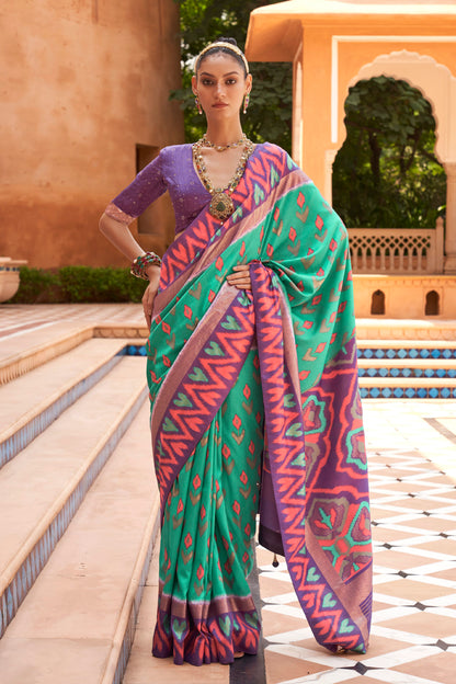 Ocean Green & Lilac Ikat Patola Design Saree with Contrast Blouse