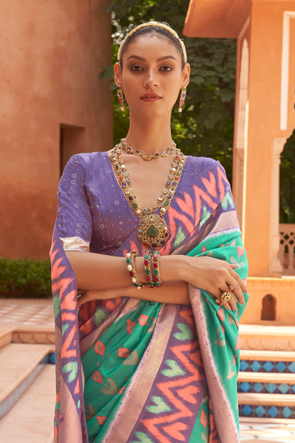 Ocean Green & Lilac Ikat Patola Design Saree with Contrast Blouse