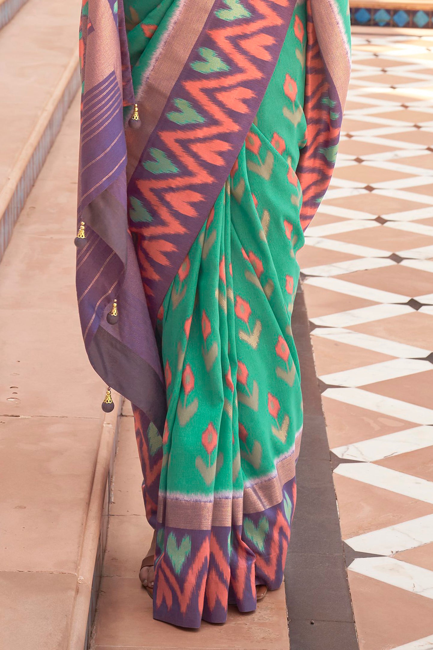 Ocean Green & Lilac Ikat Patola Design Saree with Contrast Blouse