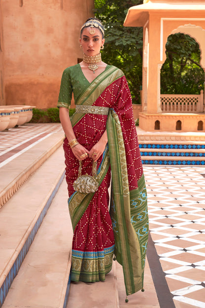 Maroon Red & Green Ikat Patola Design Saree with Contrast Blouse