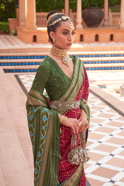 Maroon Red & Green Ikat Patola Design Saree with Contrast Blouse