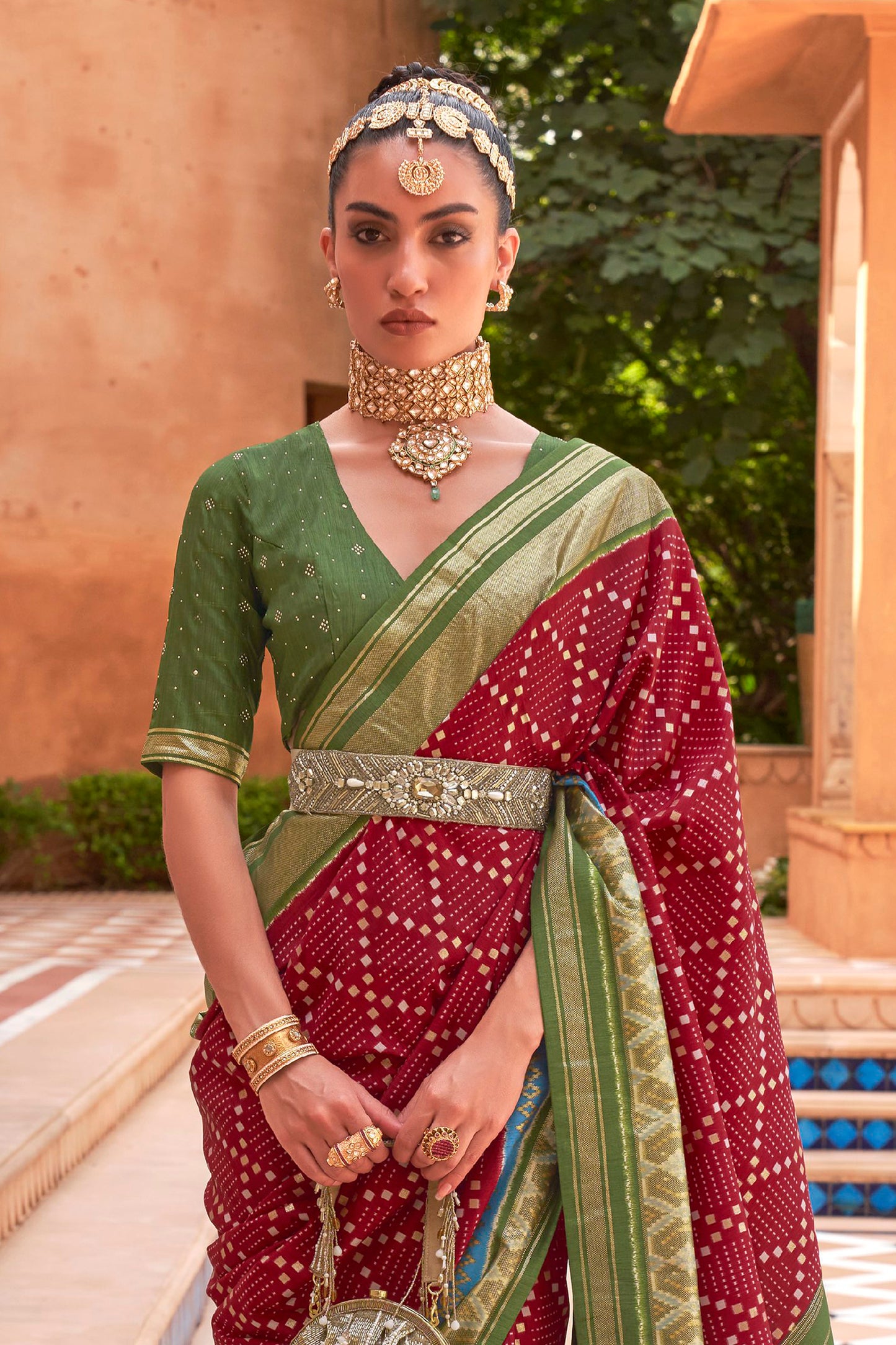 Maroon Red & Green Ikat Patola Design Saree with Contrast Blouse