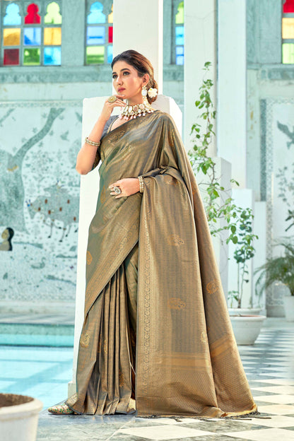 Silver Grey Brocade Kanjivaram Style Zari Woven Silk Saree for Weddings