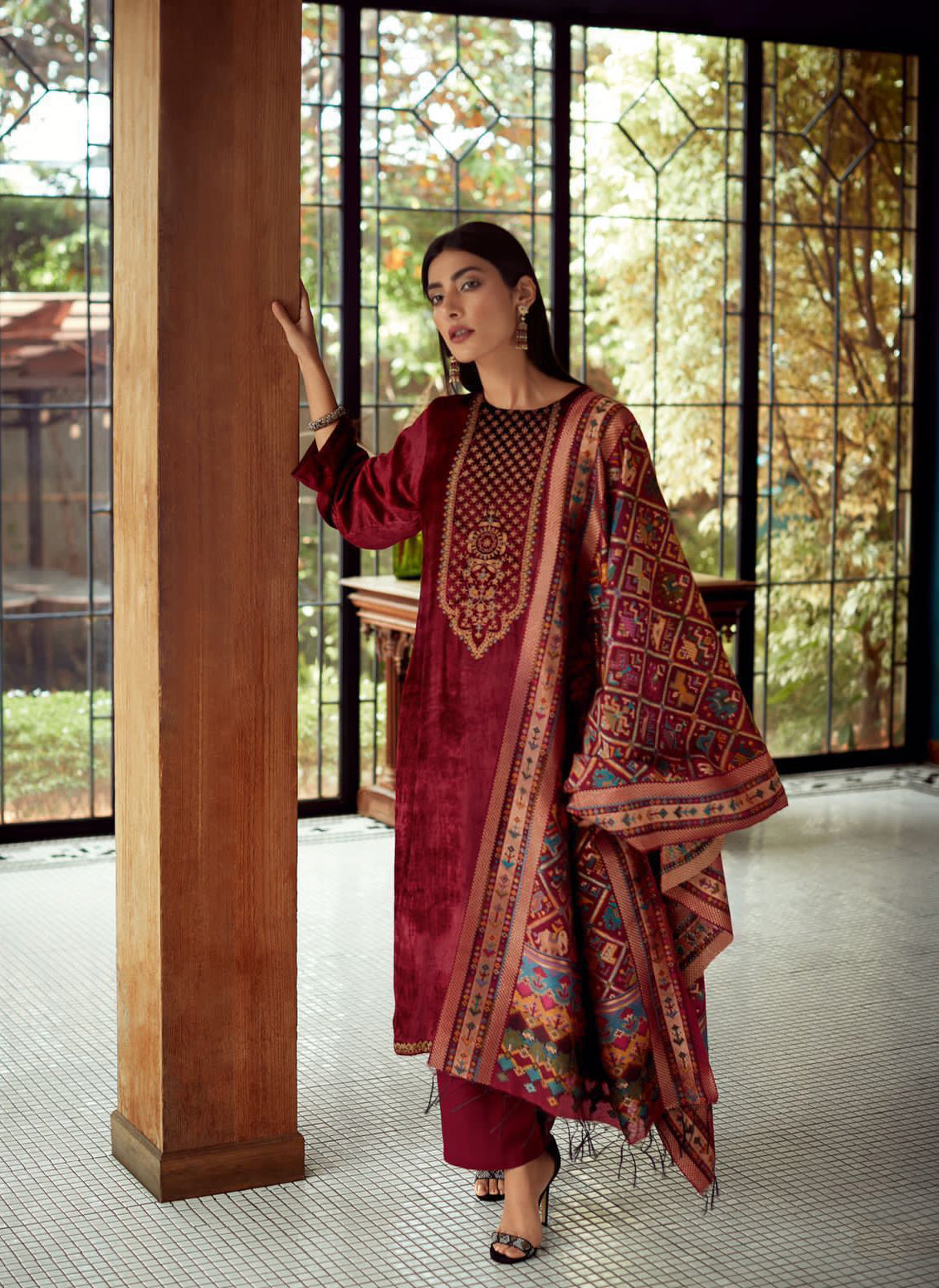 Brick Red Velvet Embroidered Salwar Suit with Patola Dupatta