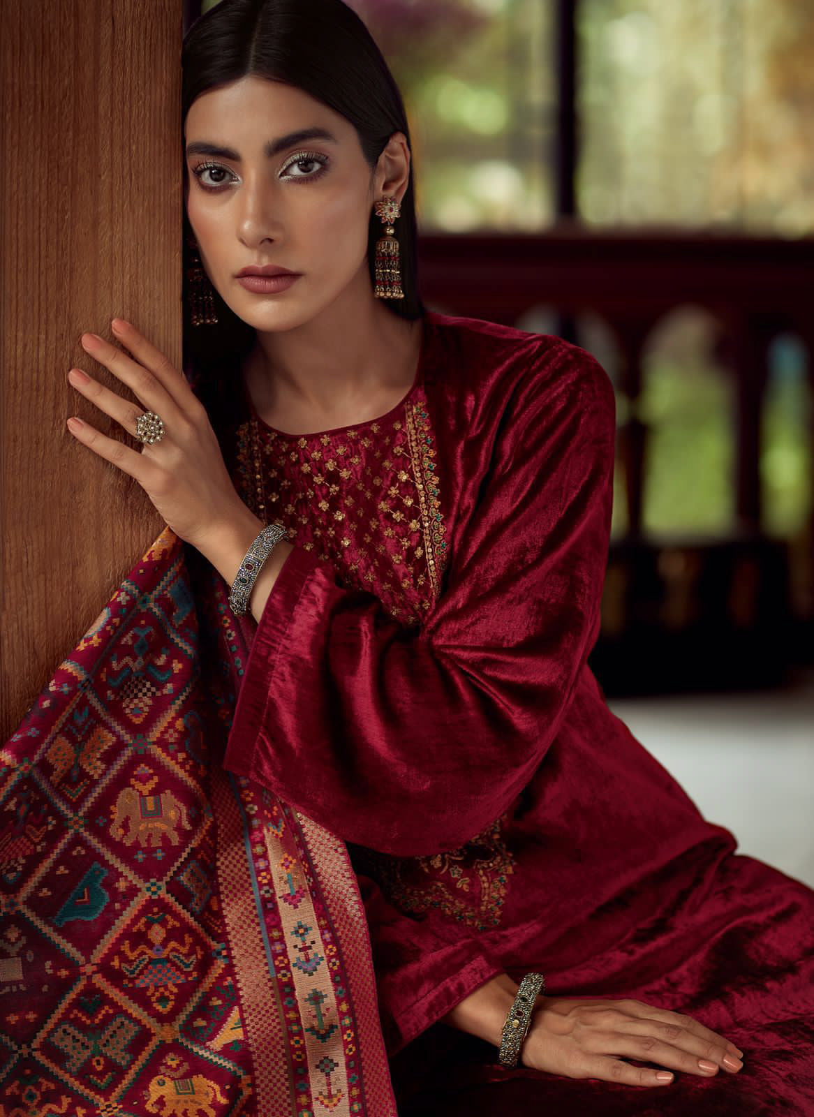 Brick Red Velvet Embroidered Salwar Suit with Patola Dupatta