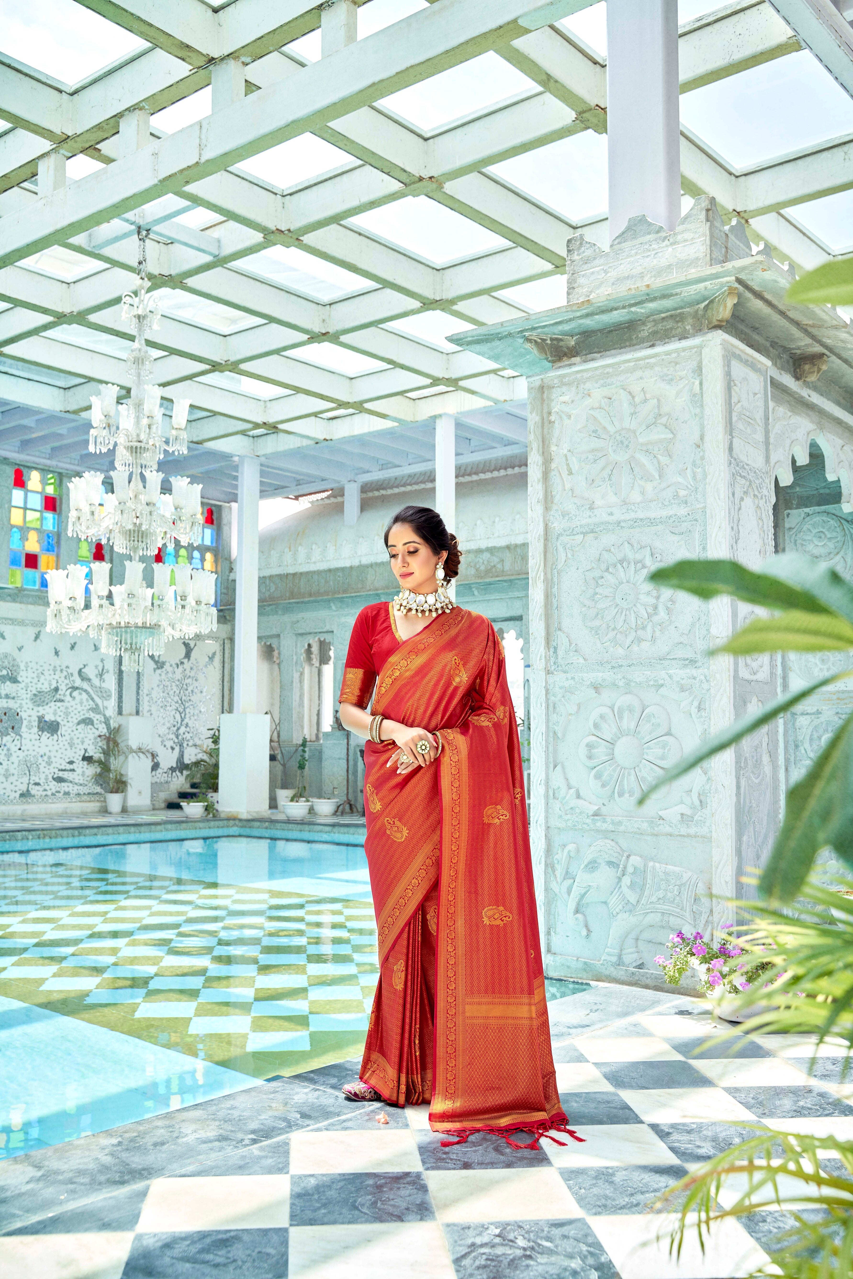 Deepal- Red Silk Brocade Banarasi Saree – Priyanka Raajiv