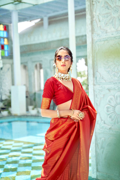 Apple Red Brocade Kanjivaram Style Zari Woven Silk Saree for Weddings