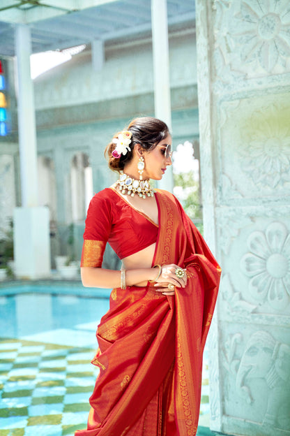 Apple Red Brocade Kanjivaram Style Zari Woven Silk Saree for Weddings