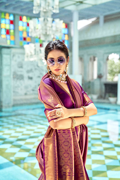 Wine Red Brocade Kanjivaram Style Zari Woven Silk Saree for Weddings