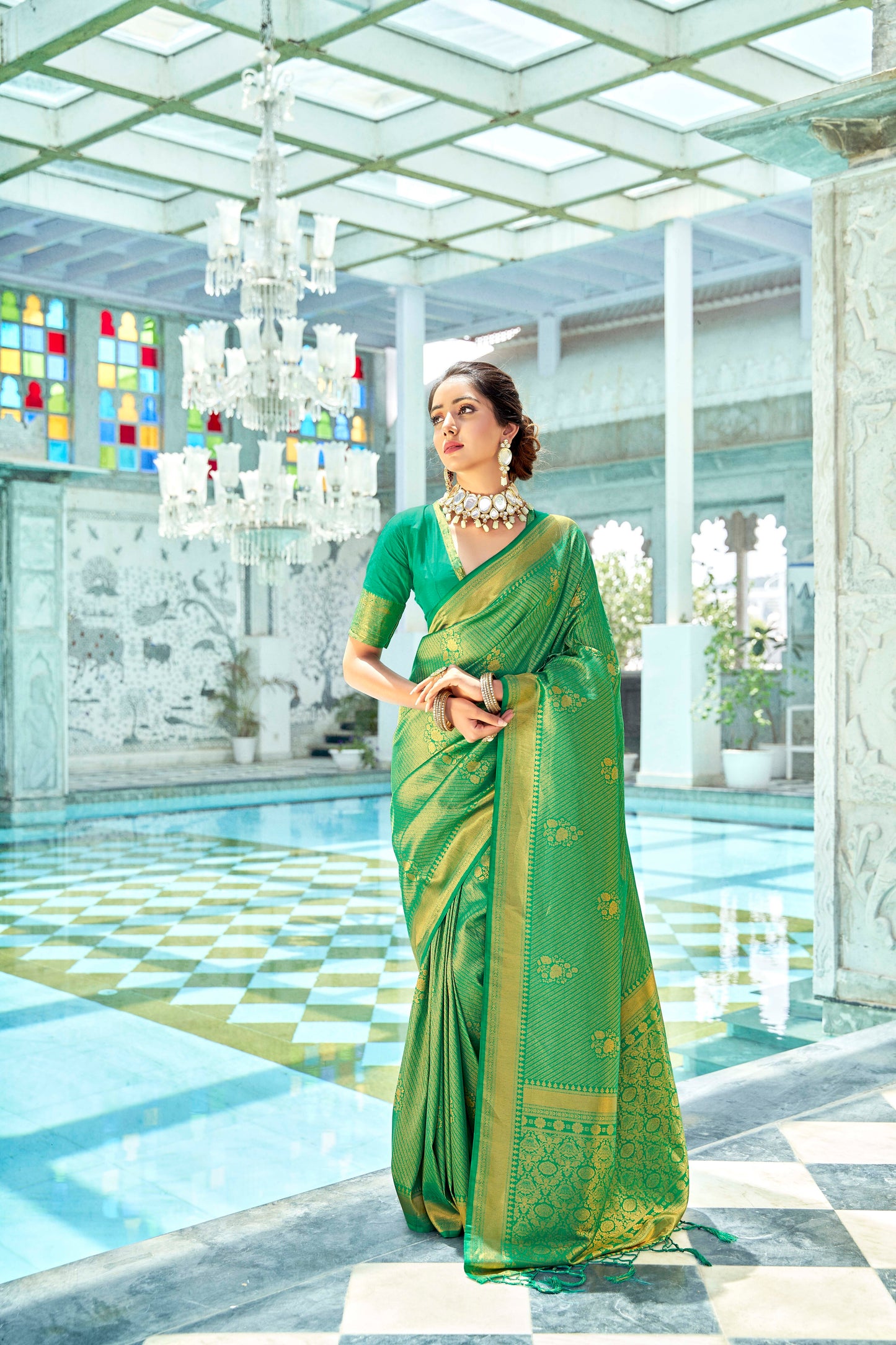 Chartereuse Brocade Kanjivaram Style Zari Woven Silk Saree for Weddings