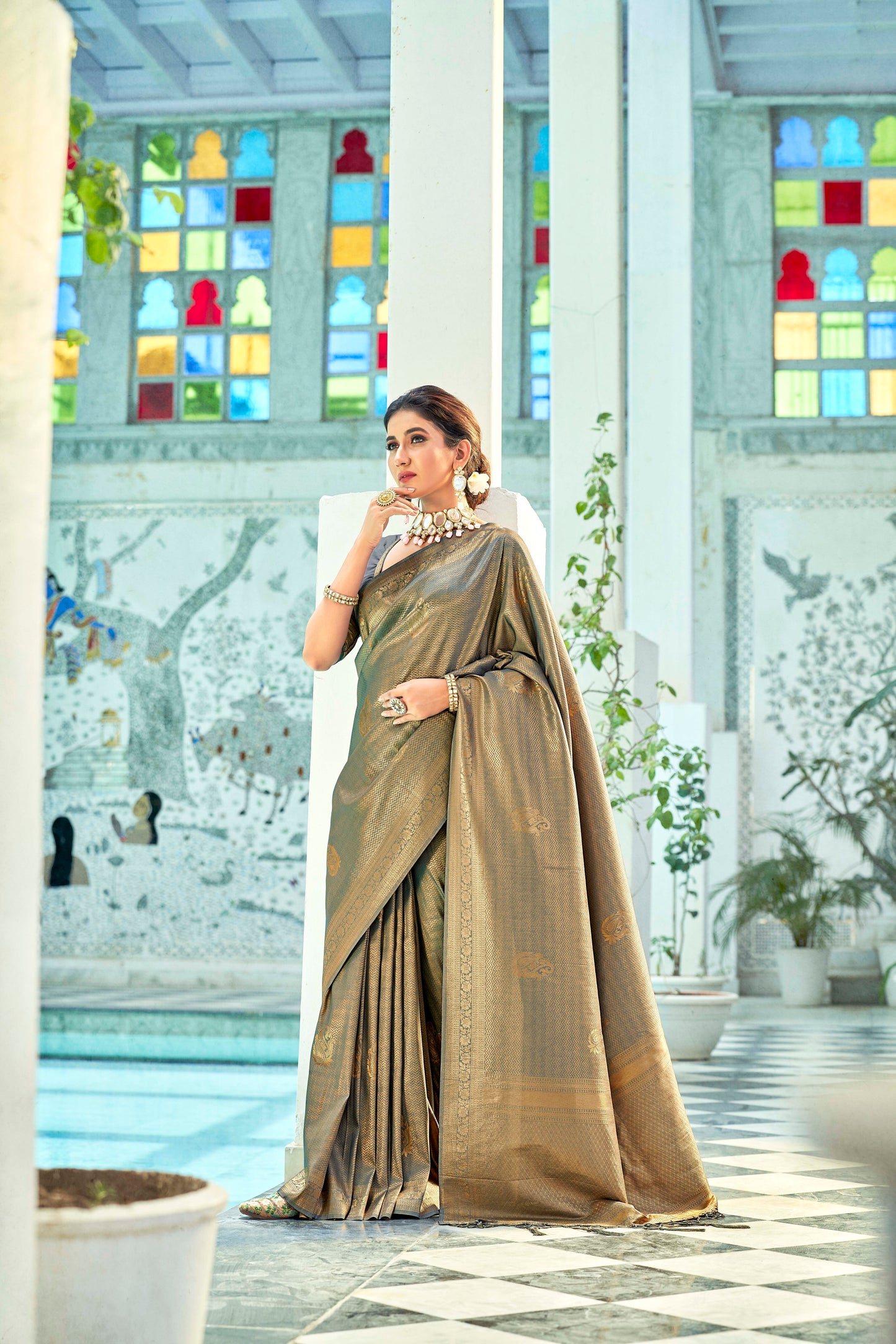 Silver Grey Brocade Kanjivaram Style Zari Woven Silk Saree for Weddings