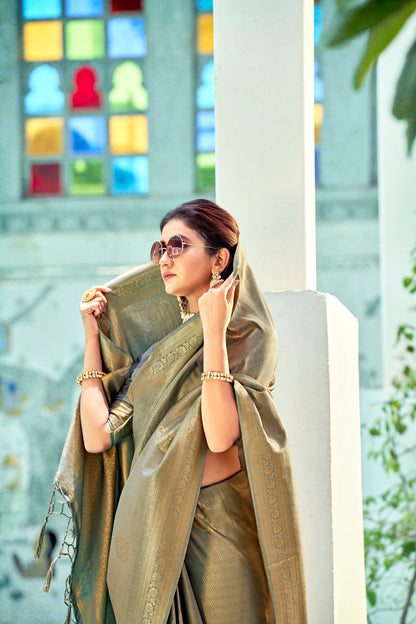 Silver Grey Brocade Kanjivaram Style Zari Woven Silk Saree for Weddings