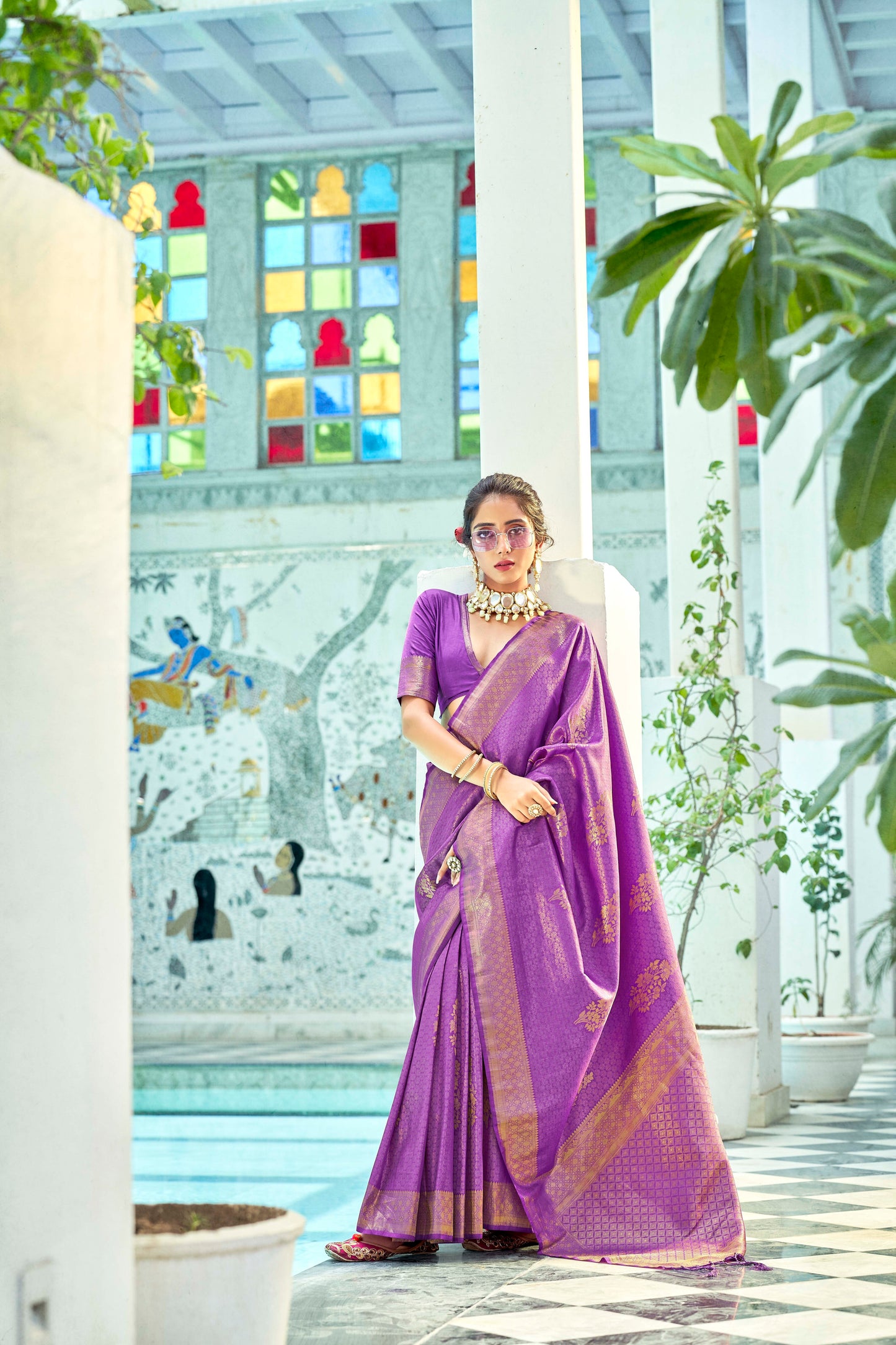 Boysenberry Purple Brocade Kanjivaram Style Zari Woven Silk Saree for Weddings