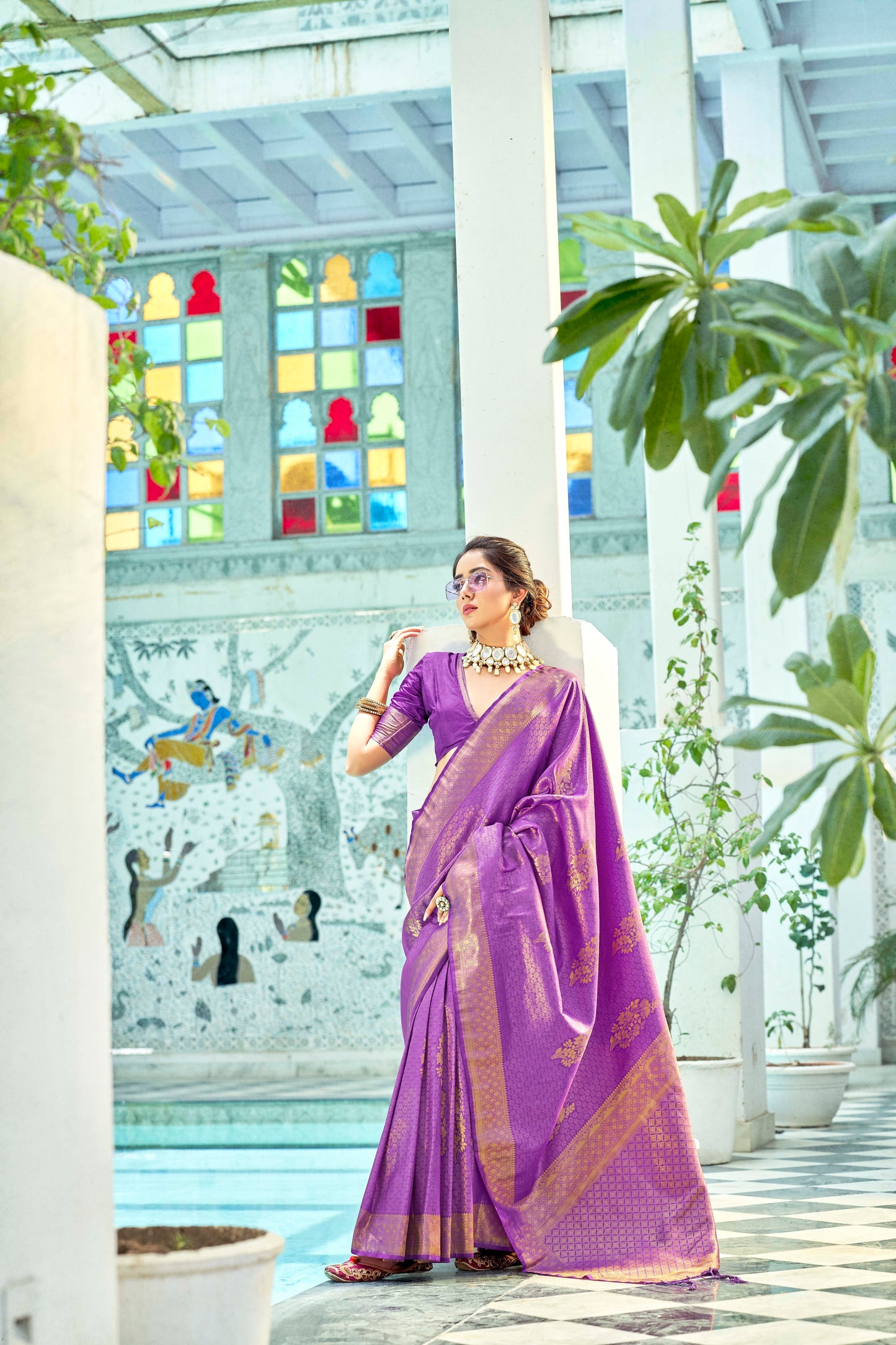 Boysenberry Purple Brocade Kanjivaram Style Zari Woven Silk Saree for Weddings