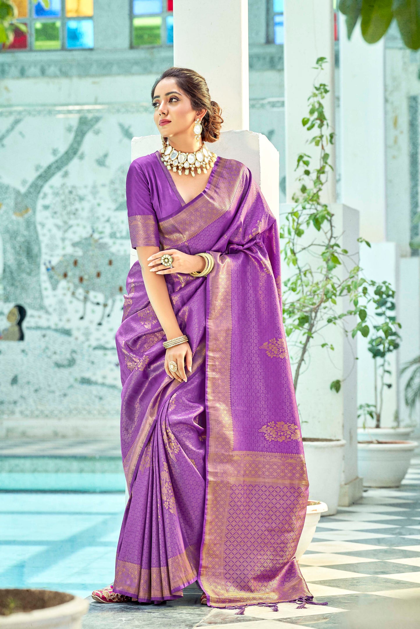 Boysenberry Purple Brocade Kanjivaram Style Zari Woven Silk Saree for Weddings