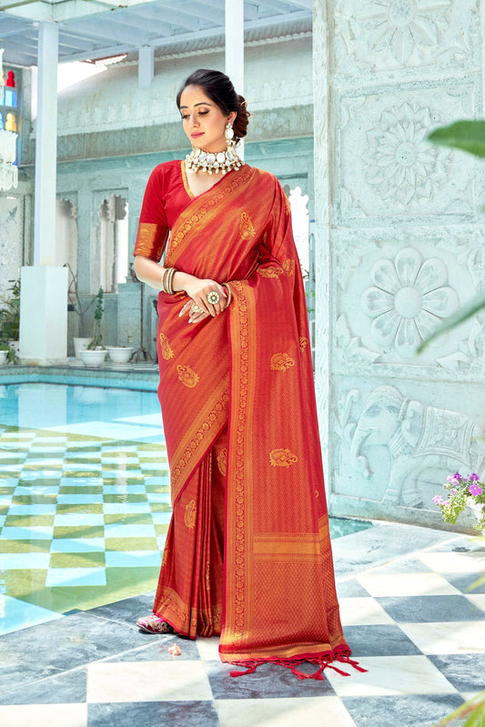 Apple Red Brocade Kanjivaram Style Zari Woven Silk Saree for Weddings