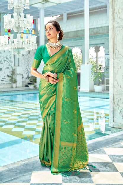 Chartereuse Brocade Kanjivaram Style Zari Woven Silk Saree for Weddings