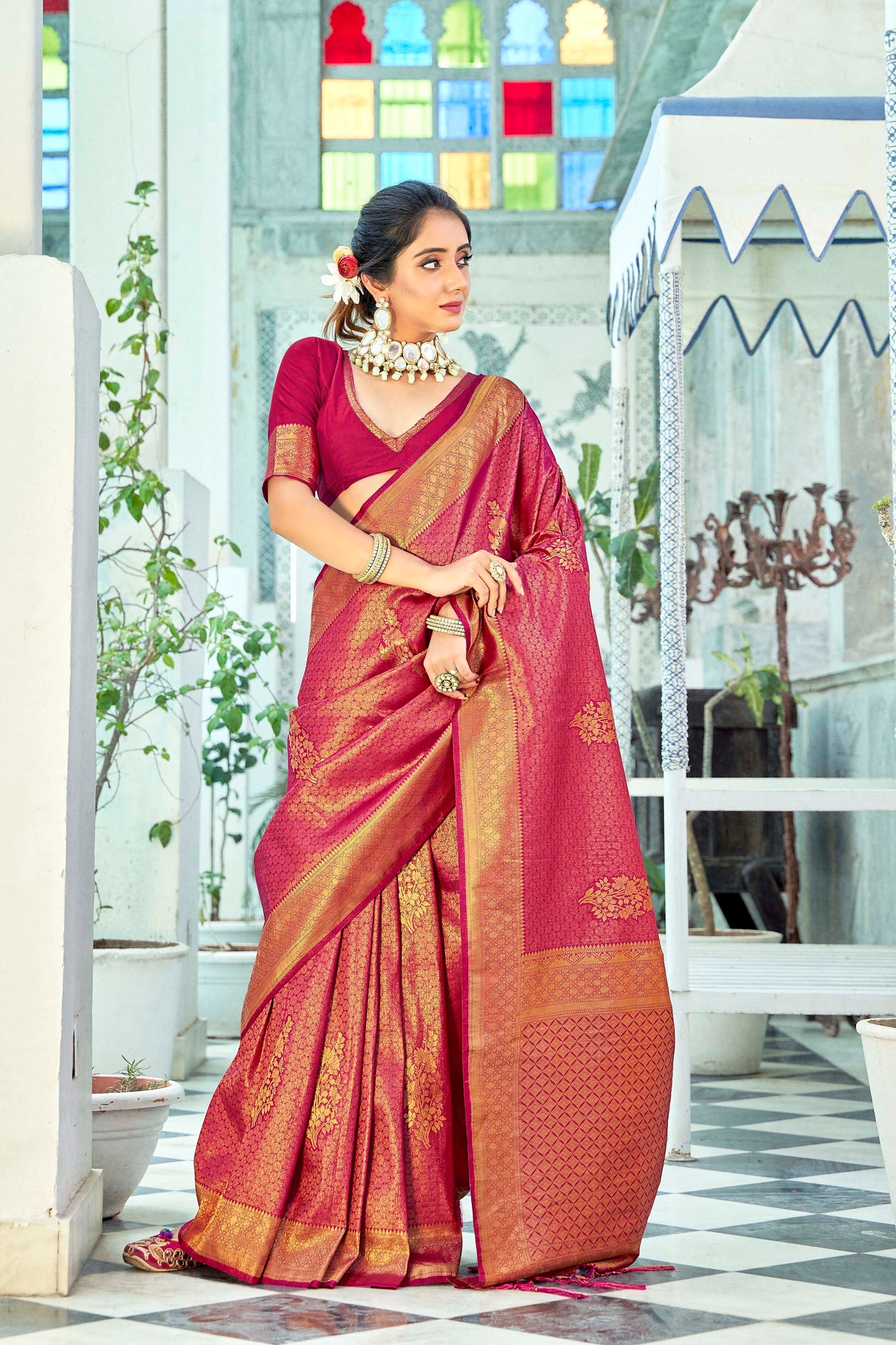 Scarlet Red  Brocade Kanjivaram Style Zari Woven Silk Saree for Weddings