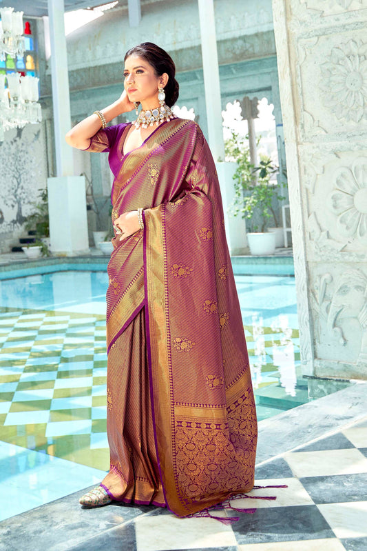 Wine Red Brocade Kanjivaram Style Zari Woven Silk Saree for Weddings